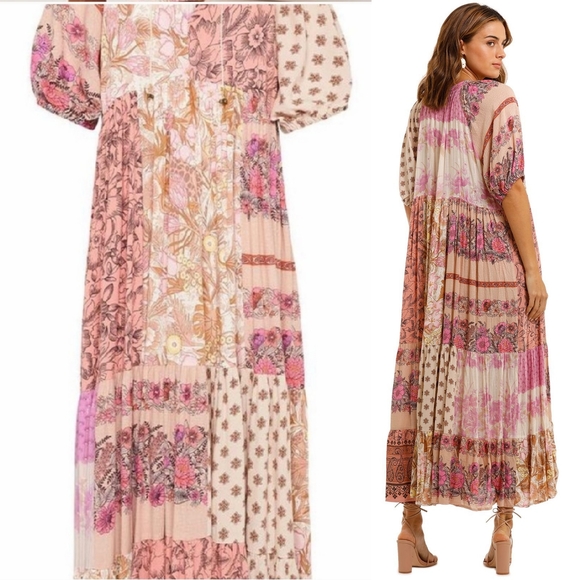 Rare Spell Designs Renew Patchwork Maxi Dress Gown pink S/M - Picture 4 of 16